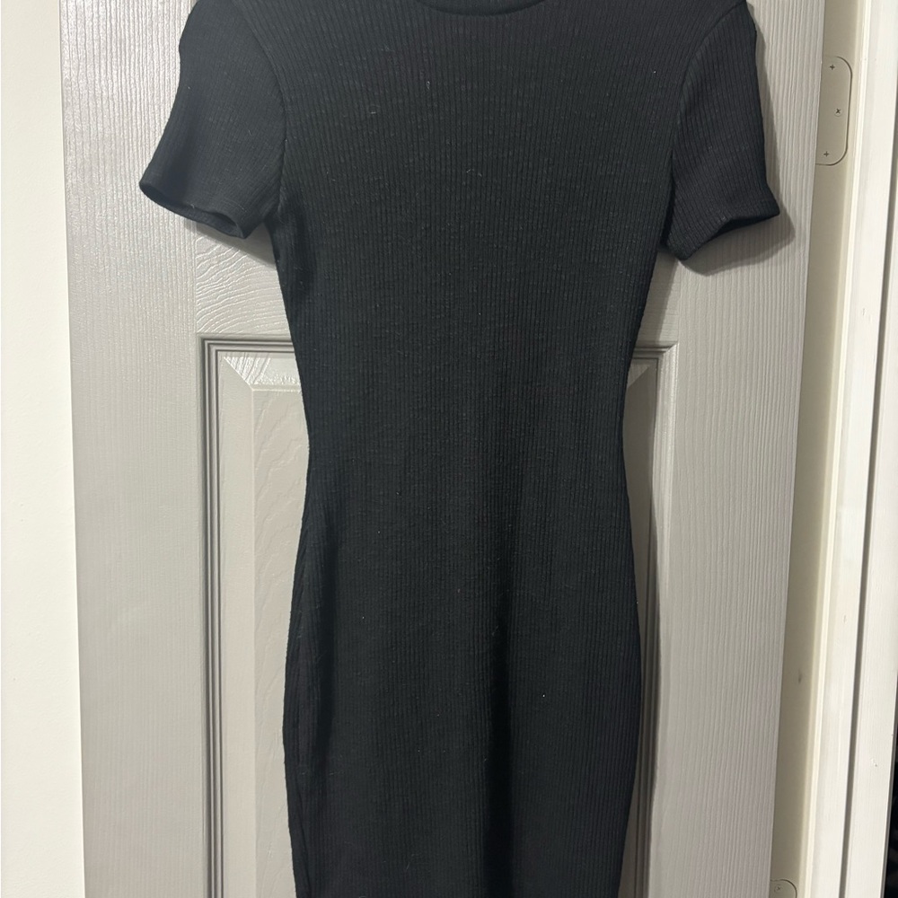 Black Ribbed Short Sleeve Mini Dress
